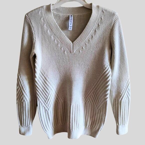 Athleta Knit Pullover Sweater Women's Size XXS Dove White V-Neck Cozy Minimalist - Picture 1 of 10
